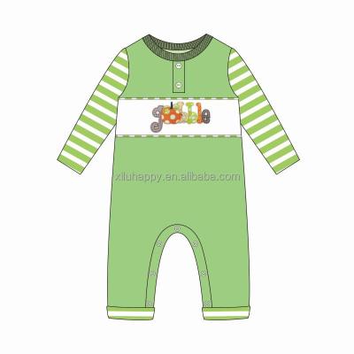 China Sleeeves Autumn Boutique Baby Romper Light Green Long Romper with Stripes and Embroidery Long Sleeve Romper for sale