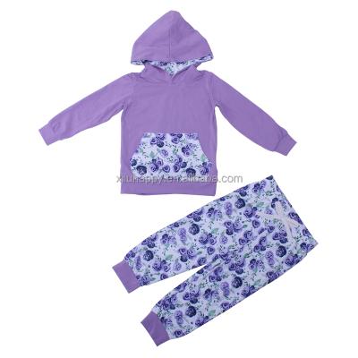 China Fashion Autumn Boutique Children's Costume Purple Hooded Sweater Flower Print Pants Suits Long Sleeve Baby Costume for sale