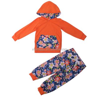 China Fashion Autumn Boutique Children's Costume Orange Hoodie Flower Print Light Orange Pants Suits Long Sleeve Baby Costume for sale