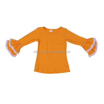 China Breathable Hot Sale Orange Long Sleeves 100% Cotton Boutique Solid Ruffle Babies Long Shirt for sale