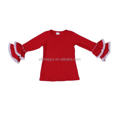 China 2021 New Design Casual Red Cotton Long Sleeves Boutique Ruffle Baby Kids Girls Long Shirt for sale