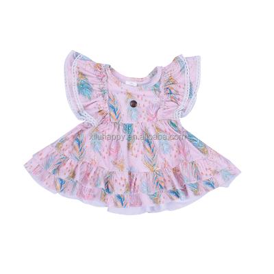 China Wholesale High Quality Breathable Printing Light Pink Feather Color Baby Boutique Ruffle Edge Girls Sleeveless Tops for sale