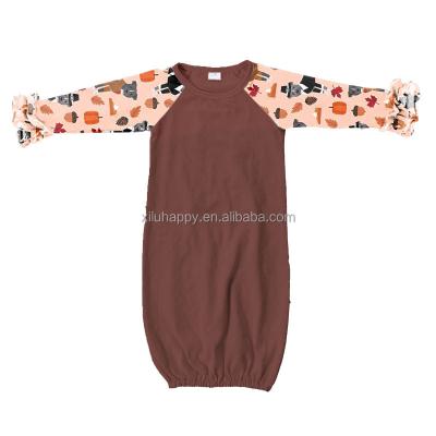 China Breathable Ruffle Sleeve Dog Nut Print Long Sleeve Lace Up Brown Cotton Baby Sleeping Bag for sale