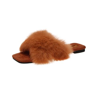 China Fashion Trend Women Fur Slippers Rabbit Fur Slippers Flat Casual Warm Slippers for sale