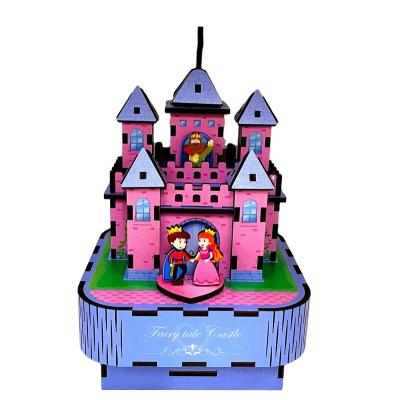 China Eco-Friendly Laser Cutting Wholesale Beauty Gifts For Girls Children Birthday Wooden DIY Castle 3D Hand Cranked Beauty DIY Custom Music Box for sale