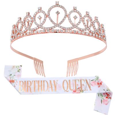 China Metal tiara. Satin or Queen Glitter Fabric Sash Birthday Sash and Tiara - Birthday Sash Rose Gold Birthday Gifts Glitter and Sparkle Rhinestone Tiara for sale