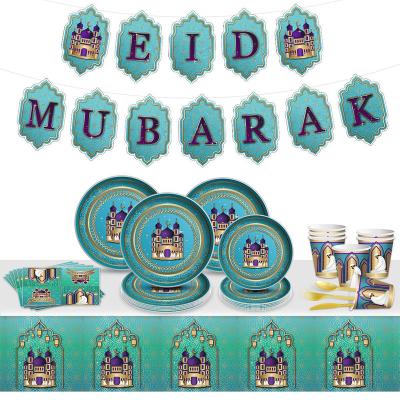 China Ramadan 2022 Eid Mubarak Tableware Decorations Dinner Plates Cups Eid Mubarak Banners Tablecloth Ideal for Ramadan and Muslim for sale