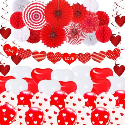 China Valentines Day Party Decorations Kit Paper Fans Heart Garland Banner Paper Pompoms Balloons for Wedding Anniversary Party for sale