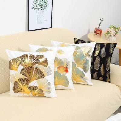 China Sustainable Customizable Tanning Cushion Cover Soft Plush Tanning Cushion Cover Gold Printed Ginkgo Leaf Pillow Covers Decorative For Sofa for sale