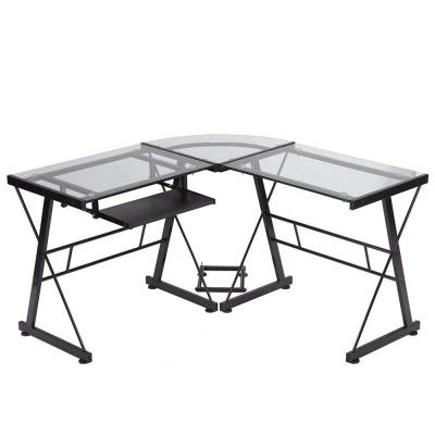 China Eco-friendly Simple Corner L-shape Computer Desk Top Office Table Glass Workstation Home Office for sale