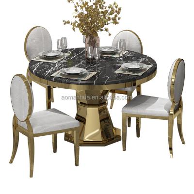 China Modern Popular Design Style Luxury Dining Table Set Stainless Steel Frame Durable Marble Kitchen Tables With Dining Chairs for sale