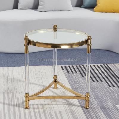 China Modern Minimalist Table Gold Living Room Table Metal Frame Glass Top Side Glossy Leisure Amenities for sale