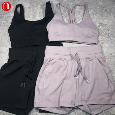 China Luluyun Women's Fitness Yoga Wear Cross Back 80%Nylon 20% Spandex Breathable Gym Running Hot Shorts Sports Bra And Short Set for sale