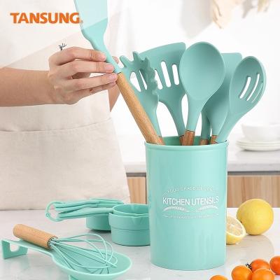 China 2021 Modern Viable Hot Sale 12pcs Silicone Kitchen Accessories Kitchen Utensil Set Cooking Tools With Wooden Handle for sale