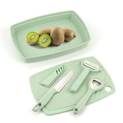 China 5Pcs Eco Large Wheat Straw PP Straw Custom Kitchen Multi Functional Vegetable Cutting Chopper With Knife And Tray for sale