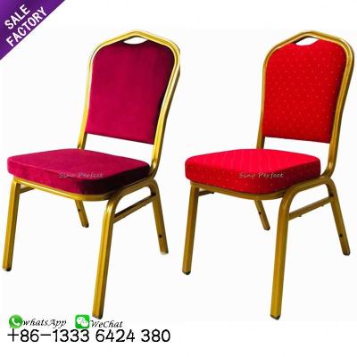 China Foshan Furniture Cheap Price Gold Steel Iron Panel Stackable Red Hotel Banquet Dining Chair For Sale for sale