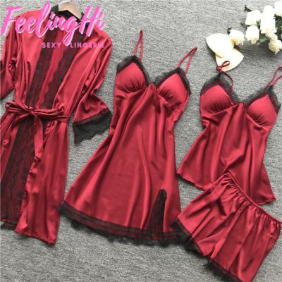 China FEELINGHI QUICK DRY plus size 4 pieces transparent lingerie satin lace border sexy silk comfort pajamas nightgown for sleepwear for sale