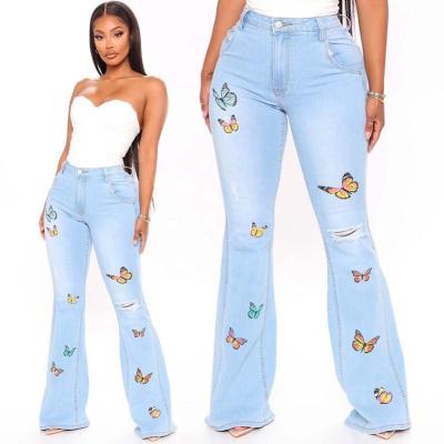 China 2022 Autumn Cotton Women Jeans Latest Design Light Blue Butterfly Embroidered Rocket Pant Waist Boot Cut Women's Jeans High Cut for sale