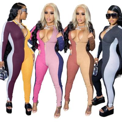 China 2021 QUICK DRY Drop Shipping Contrast Color Lucky Label Long Sleeve Tracksuit Autumn Women Overalls Zipper Up Stretchy Ribbed One Piece Bodysuit for sale