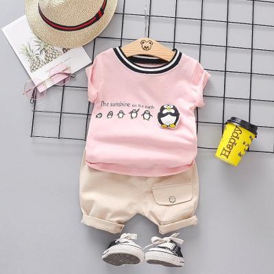 China Hot sale boys and girls cotton penguin cartoon short-sleeved T-shirt high quality casual solid color shorts 2-piece set for sale