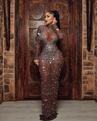 China NOVANCE Y1995-B high collar long sleeve faux stone lens rhinestone diomand sequin body elegant dress breathable luxury long evening dress for sale