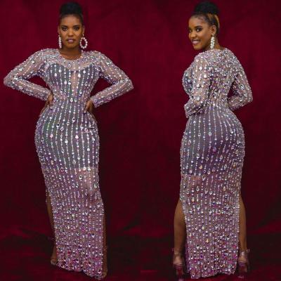 China Anti-Static Mesh Long Sleeve Fitted Party Dress With Rhinestones Nightclub Bag Hip Plus Size 5xl One-Piece Dress for sale