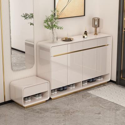 China Piano paint entrance door shoe cabinet with shoe changing stool, four doors and four drawers shoe cabinet storage for sale