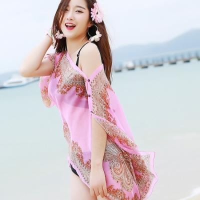 China Sun Beach Blanket Breathable Swimwear Printed Breathable Plus-size Chiffon Shawl Pearl Button Female Long Scarf for sale