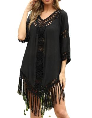 China OEM Breathable Black Tassel Long Blouse Hand Backless Sexy Backless Crochet Cover Up Beach For Women for sale