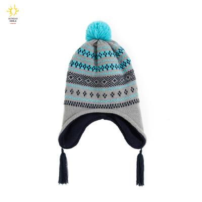 China COMMON COMMON Babies Toddler Boy Infant Pom Winter Hat Earflap Cute Toddler Knitted Striped Warm Fleece Thicken Beanie For Kids for sale