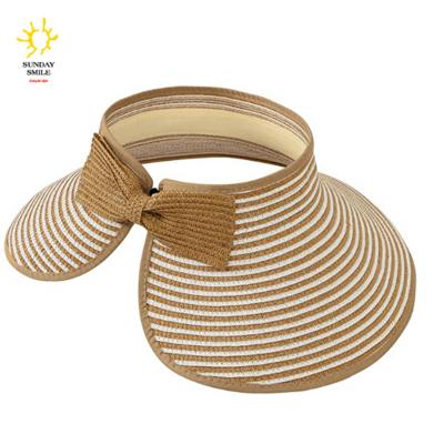 China Simplicity Women's Striped Summer UPF 50+ Striped Wide Brim Roll Up Straw Visor Sun Hat With Bow for sale