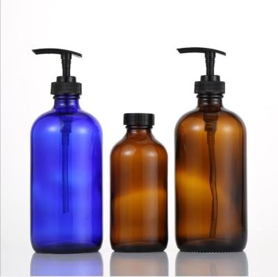 China Hot Sale 250ml 500ml Glass Boston Cosmetic Bottle With Pump Head/Screw On Cap For Lotion Soap Dispenser for sale