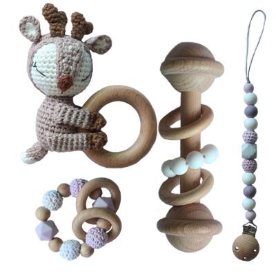 China DIY Toy Soft Natural Safety Handmade Deer Wooden Crochet Beads Teether Rattle Toy For Baby for sale