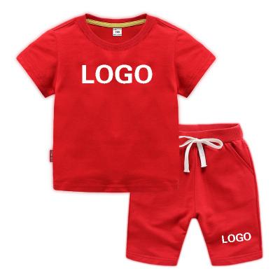 China Custom Logo Kids Casual Summer Solid Color Blank 2 Piece T-shirt Boy Girl Unisex Cotton Shorts Set For Kids for sale