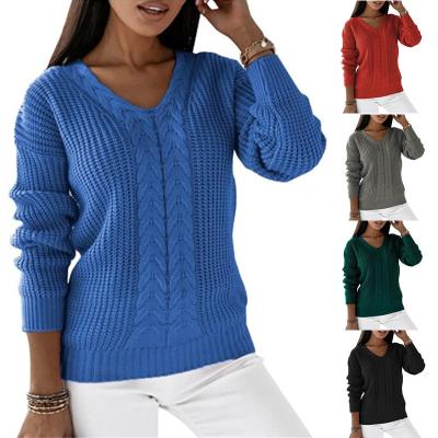 China Lady Fashion Autumn Wholesale Custom OEM Women QUICK DRY Fisherman Cable Knitted Long Sleeve V-Neck Sweater for sale