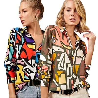 China Women Quality Fashion Design Lady Tops Casual Long Sleeve Breathable Shirts Button Down Printing Blouses for sale