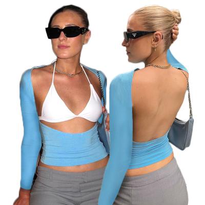 China 2023 New Summer Hot Custom Logo Solid Color Women Slim Sexy Long Sleeve Crop Top QUICK DRY Solid Tops for sale