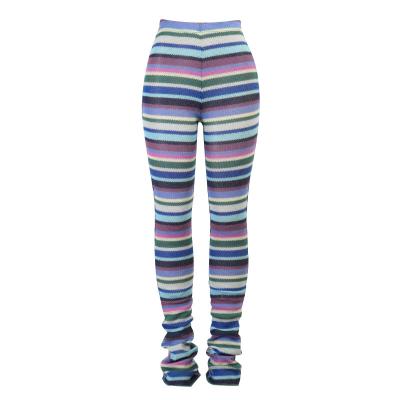 China Wholesale Fashion Spring Autumn Women QUICK DRY knitting high waist sports colorful skinny stacked gaiters striped joggers pleated pants for sale