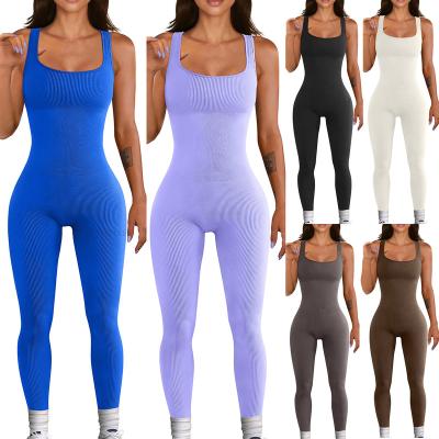 China QUICK DRY Custom Logo Sexy Bodycon Sleeveless Tank Top Butt Summer Women Lift Up Leggings Ribbed Overalls One Piece Jumpsuit for sale