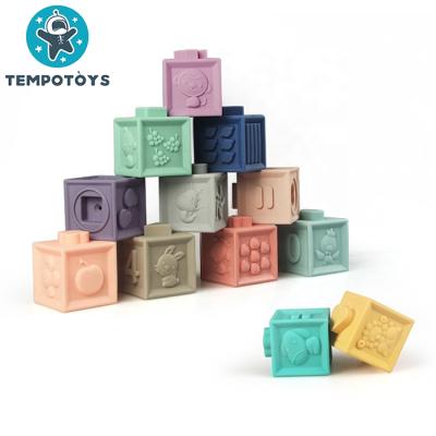 China 2020 Early Educational Baby Safety Eco-friendly Material Stacking Toys 3D Silicone Rubber Building Block Teether Toys for sale