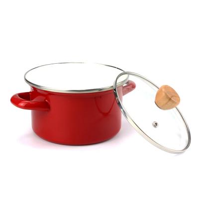 China Sustainable Enamel Catering Cooker Product Red Coating Casserole With Glass Lid for sale