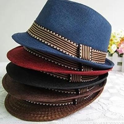 China COMMON Paper Beach Straw Hat Logo Custom Printing Summer Sun Straw Fedora Hat Straw Jazz Hat On Ribbon For Party for sale