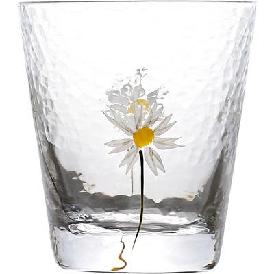 China Modern factory wholesale high quality unique shaped custom logo printed water juice milk tea clear glass cup with sun flower for sale