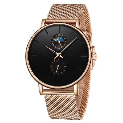 China Moon Phase Rose Gold Mens Stainless Steel Mesh Strap 24 Hour Watch Quartz Wrist Watch for sale