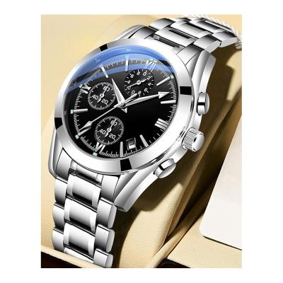 China Automatic Date Mens Silver Stainless Steel Band Calendar Stopwatch Sports Quartz Wrist Watch for sale