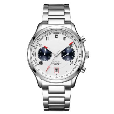 China Automatic Date Mens Silver Stainless Steel Band Calendar Stopwatch Sports Quartz Wrist Watch for sale