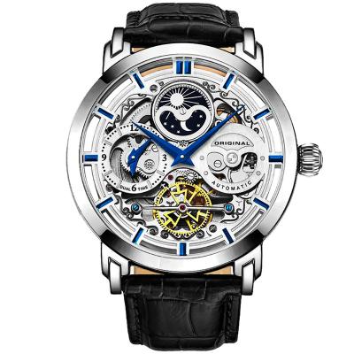 China Automatic Date Silver Mens Cow Leather Strap All Sun-Moon Skeleton Phase Automatic Watch for sale