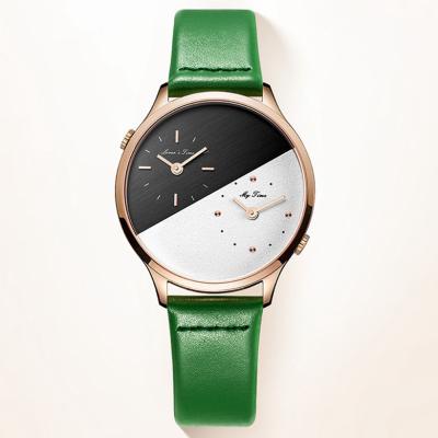 China Multiple Time Zone Green cow leather strap double time zone lady's lovers quartz watch for sale