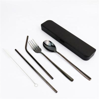 China Sustainable Camping Travel Portable Reusable Stainless Steel Cutlery Set With Drinking Straw for sale