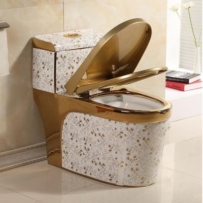 China Customizable Double-Flow Floor Mounted Flush Bathroom WC White Gold One Piece Ceramic Toilet for sale